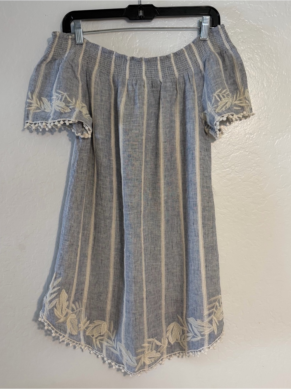 Merona Linen Blend Tunic Top sz S/M Blue White Stripe Pom Crochet Trim Smocked